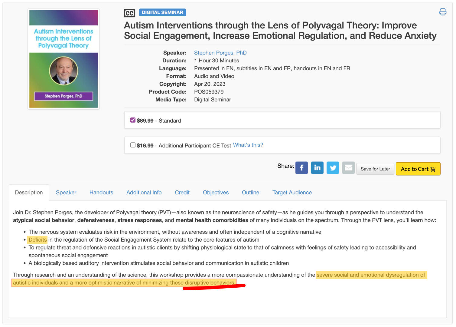 Screenshot of the PESI course outline showing problematic language about autism