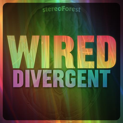 Large text "Wired divergent" in mutlicolour with a background texture of wires and the internal base of the skull where the brain rests.